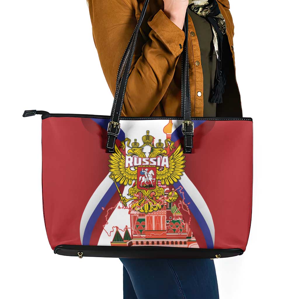 Russia Day Leather Tote Bag Coat Of Arms With Saint Basil's Cathedral