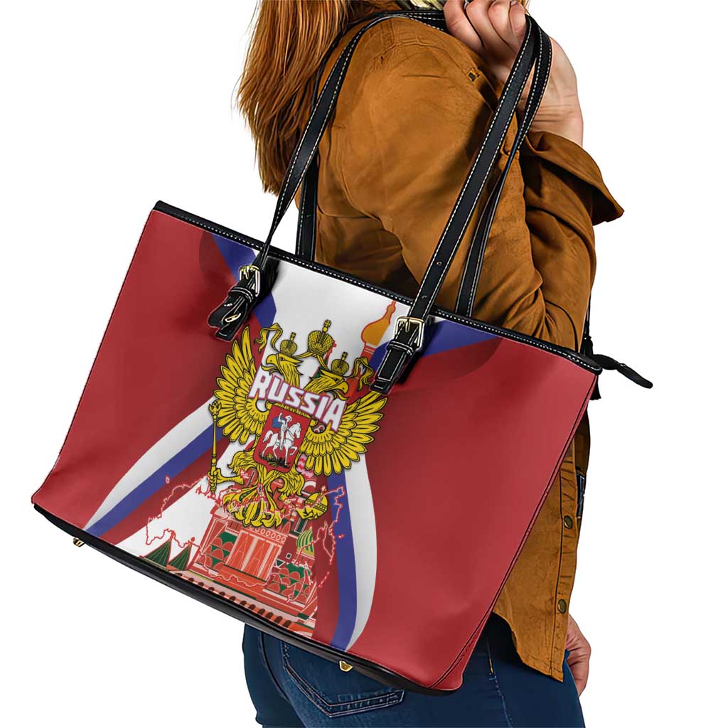 Russia Day Leather Tote Bag Coat Of Arms With Saint Basil's Cathedral