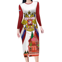 Russia Day Long Sleeve Bodycon Dress Coat Of Arms With Saint Basil's Cathedral