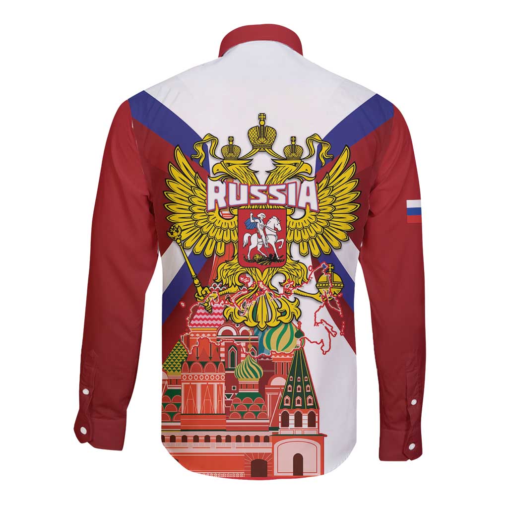 Russia Day Long Sleeve Button Shirt Coat Of Arms With Saint Basil's Cathedral
