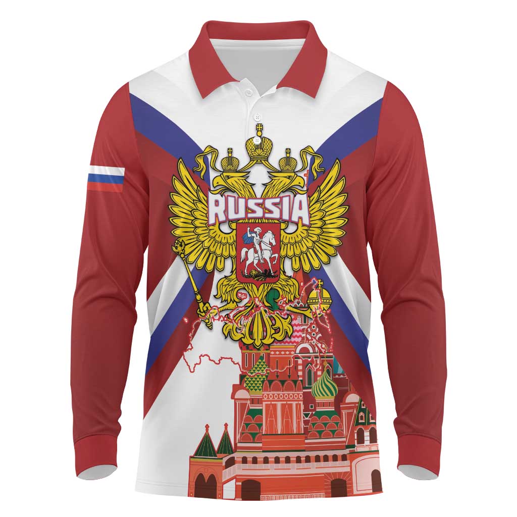 Russia Day Long Sleeve Polo Shirt Coat Of Arms With Saint Basil's Cathedral