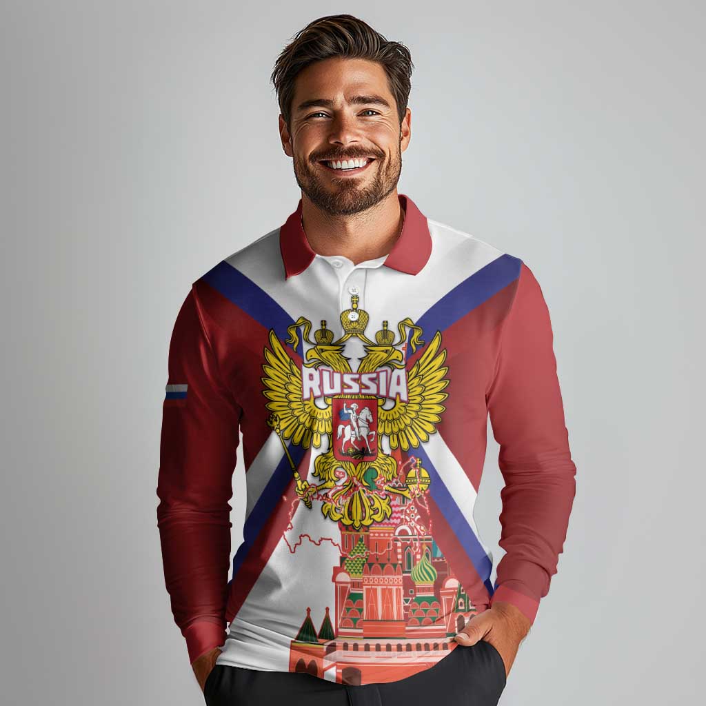 Russia Day Long Sleeve Polo Shirt Coat Of Arms With Saint Basil's Cathedral