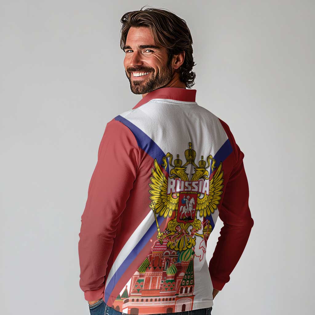 Russia Day Long Sleeve Polo Shirt Coat Of Arms With Saint Basil's Cathedral
