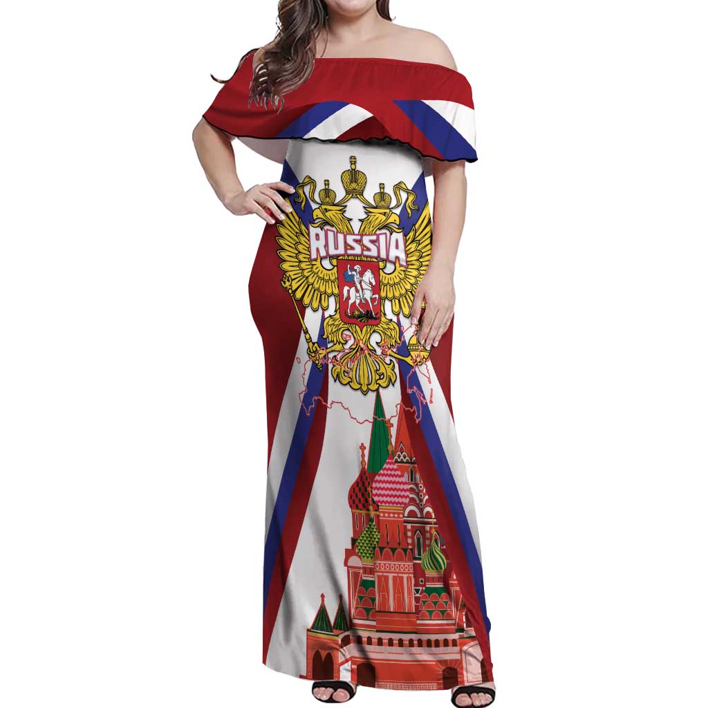 Russia Day Off Shoulder Maxi Dress Coat Of Arms With Saint Basil's Cathedral