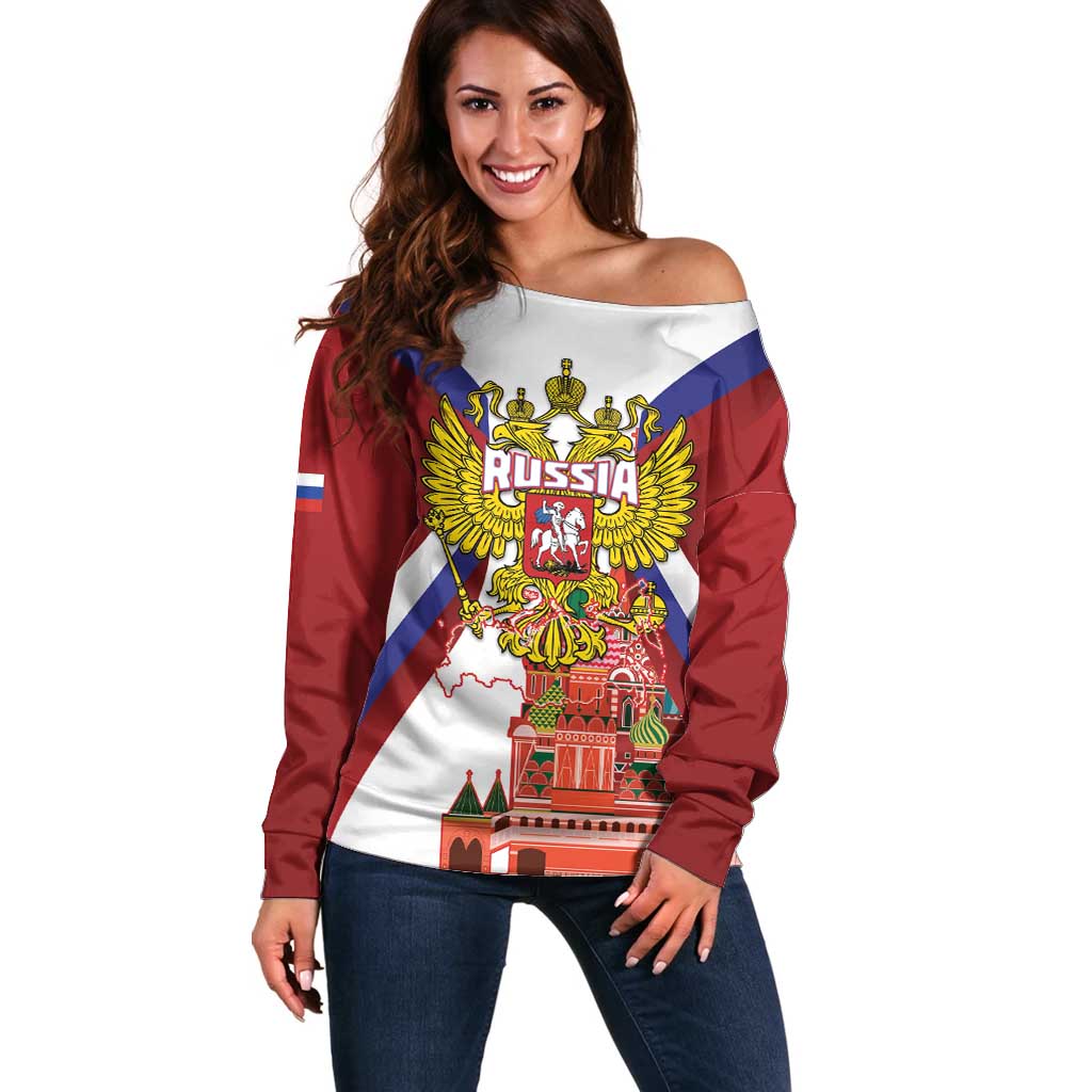 Russia Day Off Shoulder Sweater Coat Of Arms With Saint Basil's Cathedral