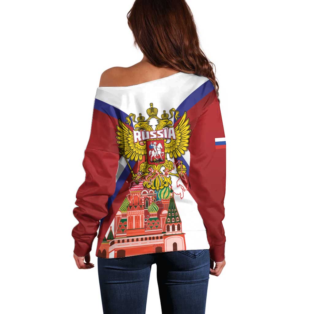 Russia Day Off Shoulder Sweater Coat Of Arms With Saint Basil's Cathedral