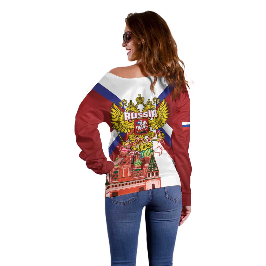 Russia Day Off Shoulder Sweater Coat Of Arms With Saint Basil's Cathedral