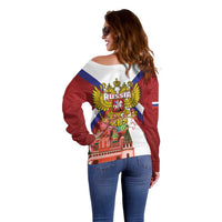 Russia Day Off Shoulder Sweater Coat Of Arms With Saint Basil's Cathedral