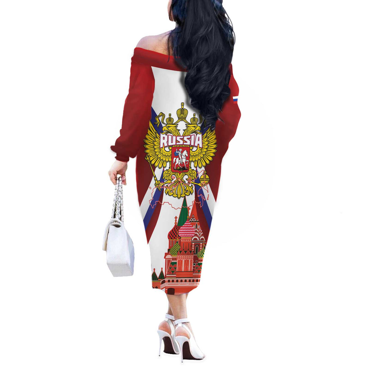 Russia Day Off The Shoulder Long Sleeve Dress Coat Of Arms With Saint Basil's Cathedral