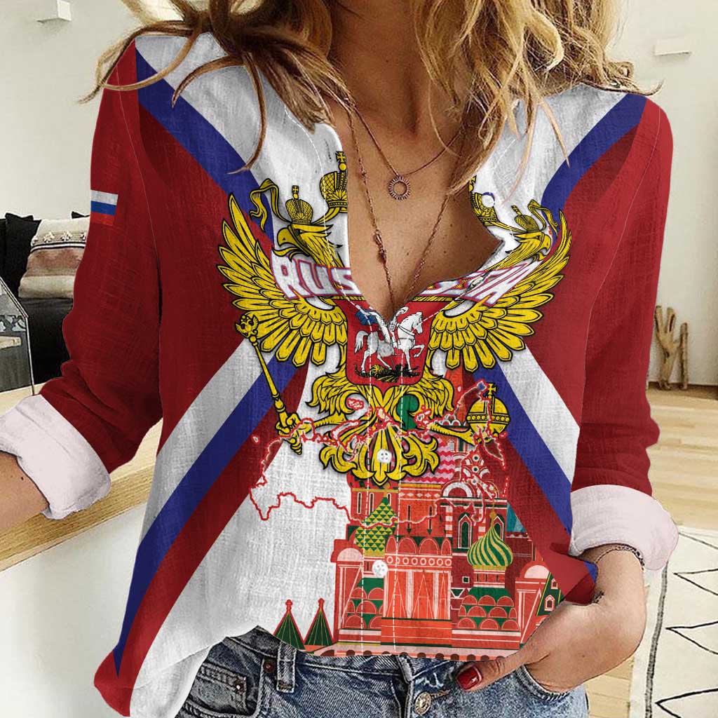 Russia Day Women Casual Shirt Coat Of Arms With Saint Basil's Cathedral