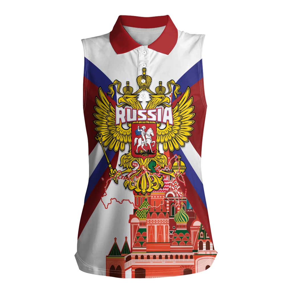 Russia Day Women Sleeveless Polo Shirt Coat Of Arms With Saint Basil's Cathedral