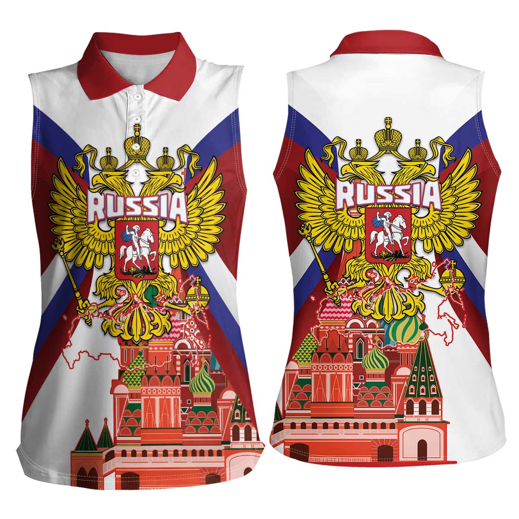 Russia Day Women Sleeveless Polo Shirt Coat Of Arms With Saint Basil's Cathedral