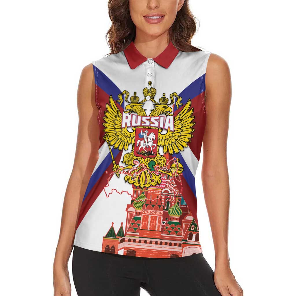 Russia Day Women Sleeveless Polo Shirt Coat Of Arms With Saint Basil's Cathedral