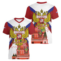 Russia Day Women V-Neck T-Shirt Coat Of Arms With Saint Basil's Cathedral