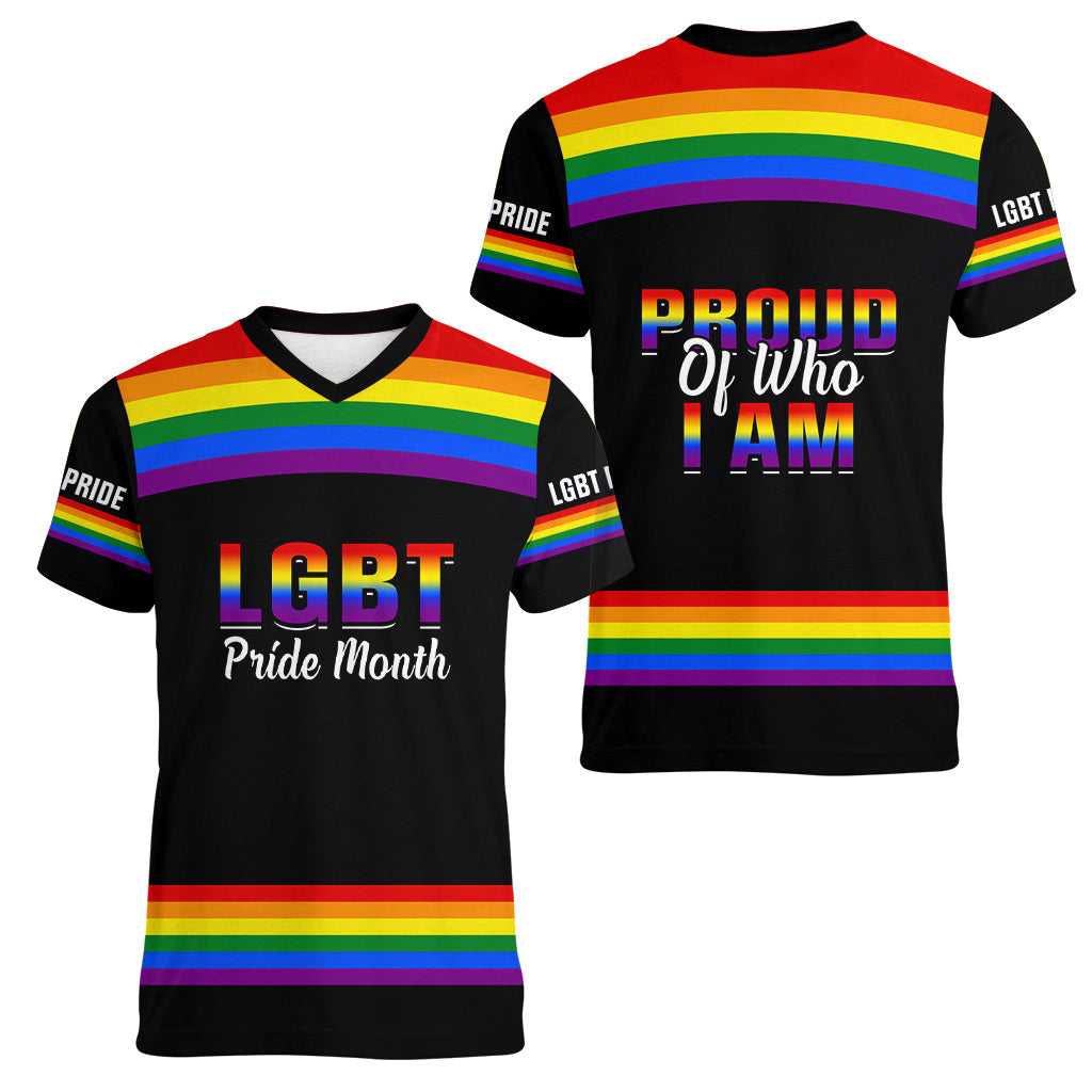 Pride Month LGBT Women V Neck T Shirt Proud Of Who I Am Black - Wonder Print Shop