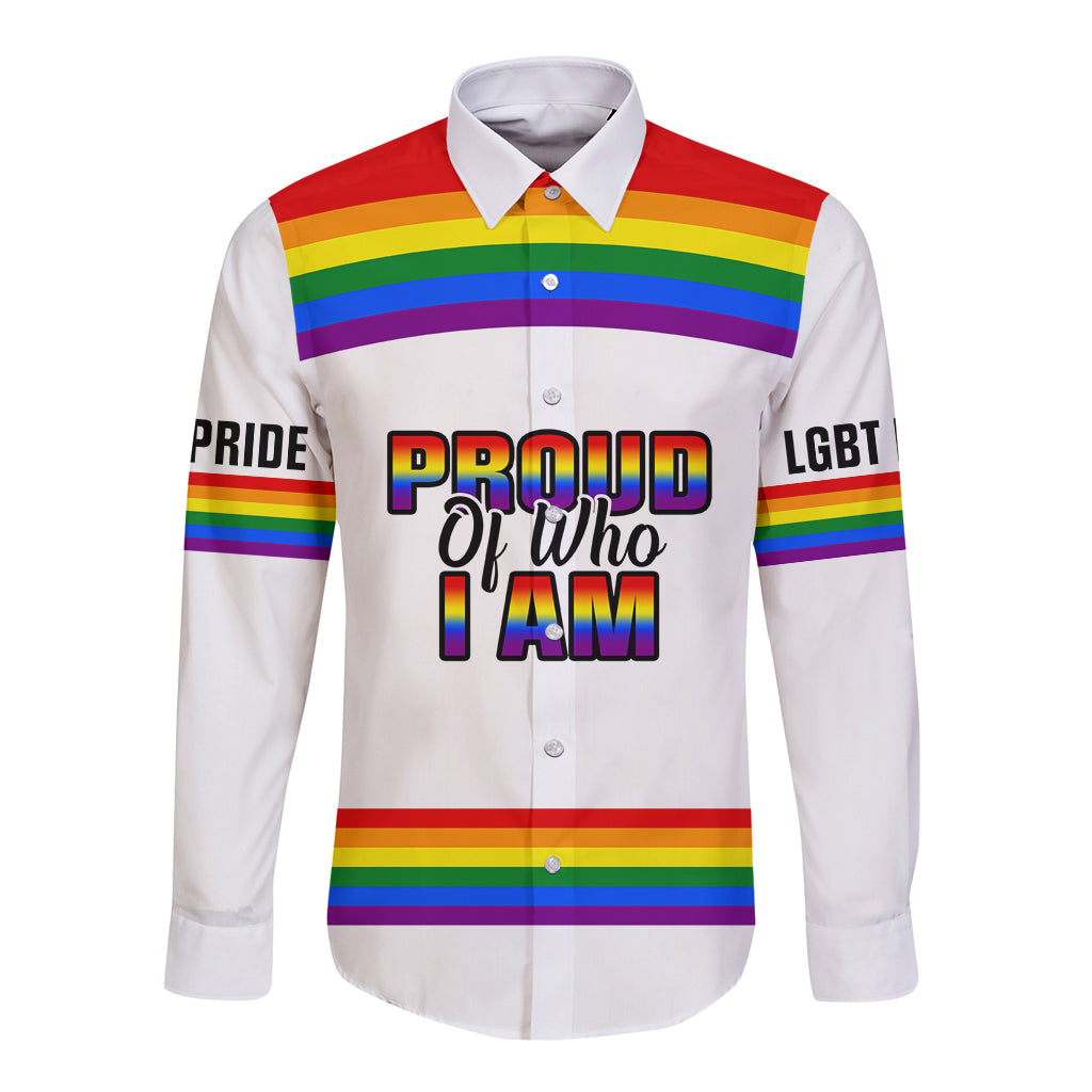 Pride Month LGBT Long Sleeve Button Shirt Proud Of Who I Am White - Wonder Print Shop
