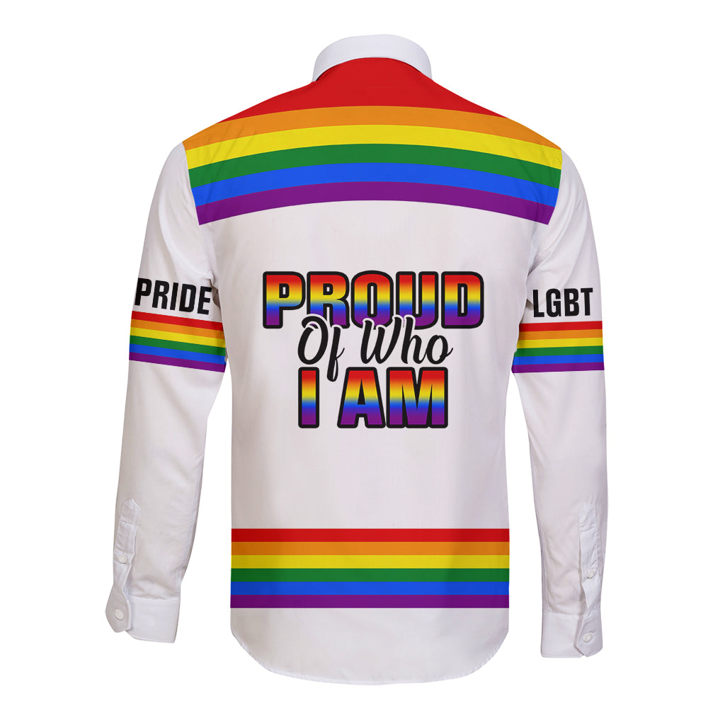 Pride Month LGBT Long Sleeve Button Shirt Proud Of Who I Am White - Wonder Print Shop