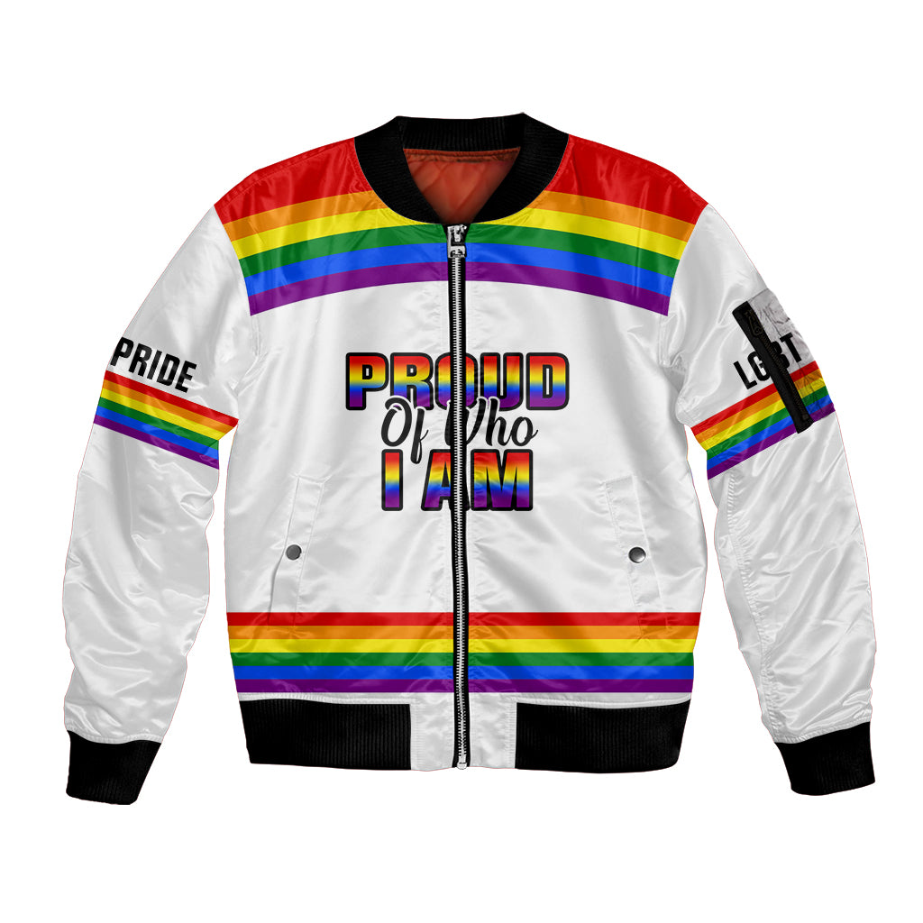 Pride Month LGBT Sleeve Zip Bomber Jacket Proud Of Who I Am White - Wonder Print Shop