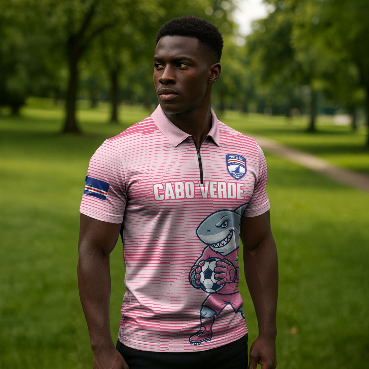 Cabo Verde Football 2026 Custom Zipper Polo Shirt Tubaroes Azuis Goalkeeper Pink Jersey