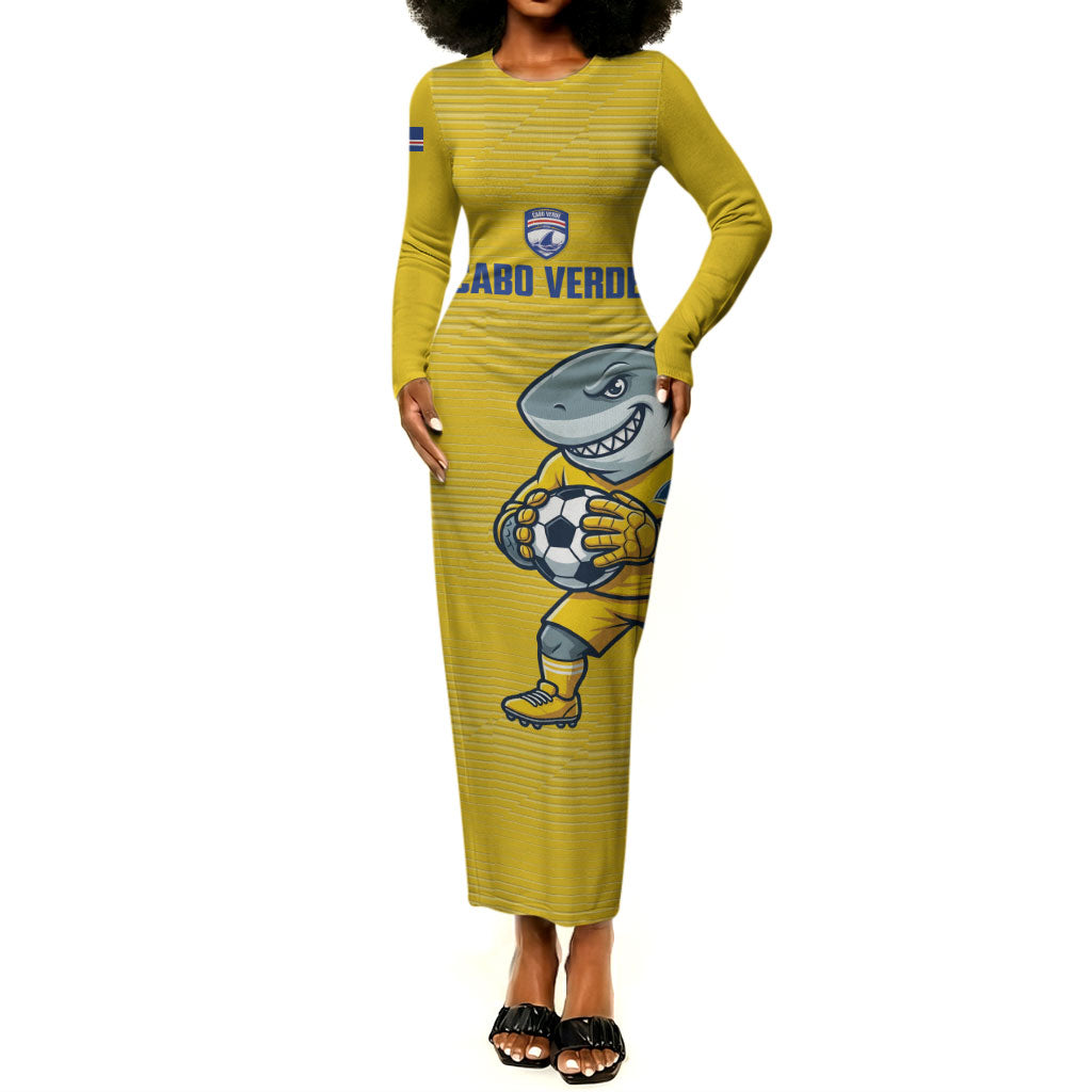 Cabo Verde Football 2026 Custom Long Sleeve Bodycon Dress Tubaroes Azuis Goalkeeper Yellow Jersey