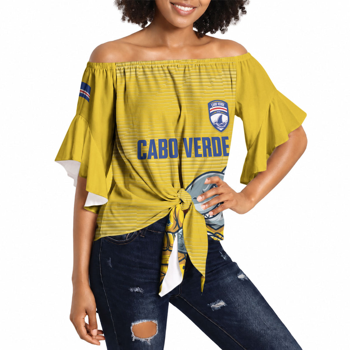 Cabo Verde Football 2026 Custom Off Shoulder Wrap Waist Top Tubaroes Azuis Goalkeeper Yellow Jersey