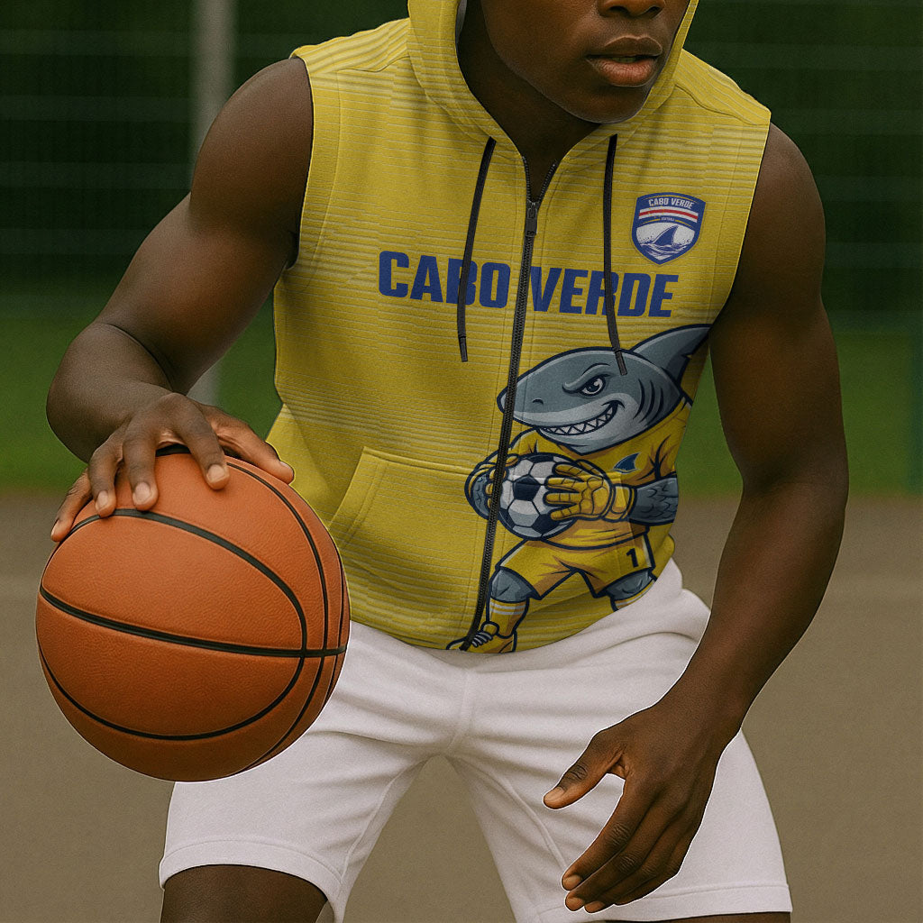 Cabo Verde Football 2026 Custom Sleeveless Zip Hoodie Tubaroes Azuis Goalkeeper Yellow Jersey
