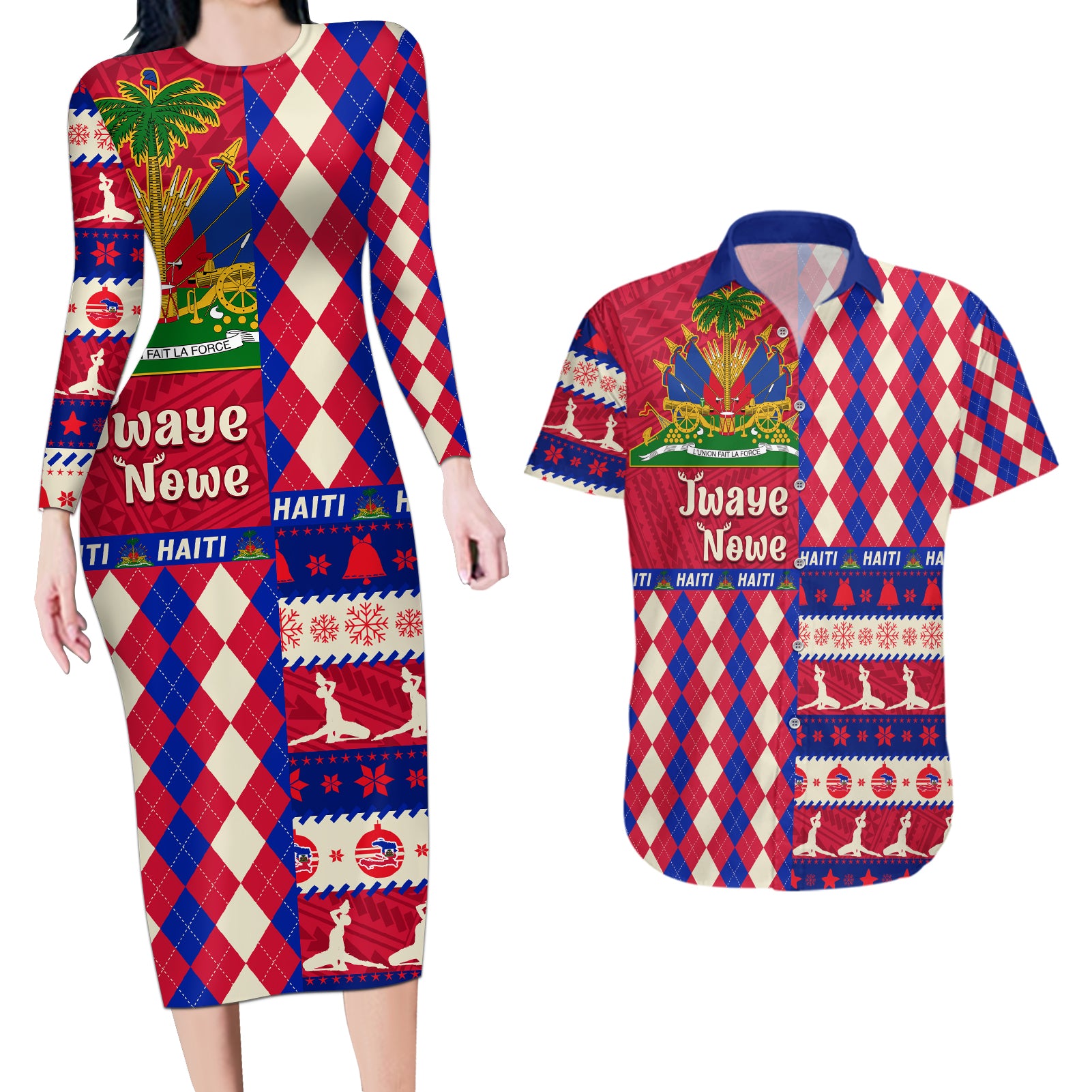 haiti-christmas-couples-matching-long-sleeve-bodycon-dress-and-hawaiian-shirt-jwaye-nowe-2023-with-coat-of-arms