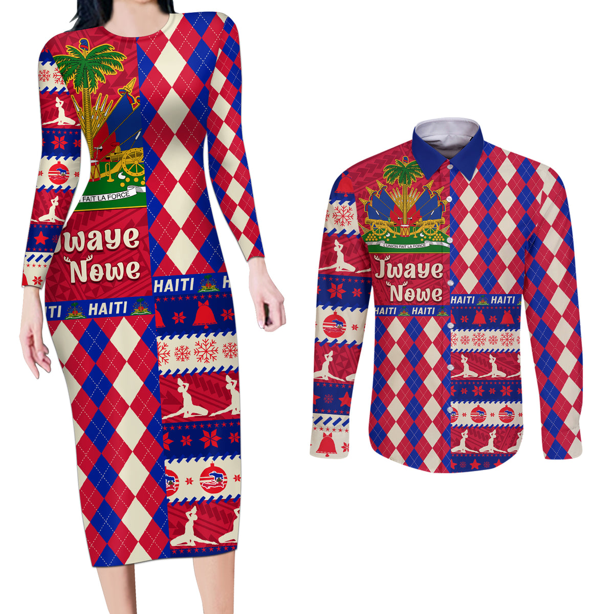 Haiti Christmas Couples Matching Long Sleeve Bodycon Dress and Long Sleeve Button Shirt Jwaye Nowe 2023 With Coat Of Arms - Wonder Print Shop