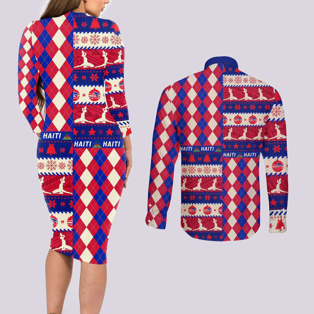 Haiti Christmas Couples Matching Long Sleeve Bodycon Dress and Long Sleeve Button Shirt Jwaye Nowe 2023 With Coat Of Arms - Wonder Print Shop