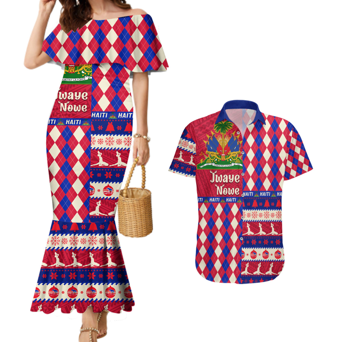 haiti-christmas-couples-matching-mermaid-dress-and-hawaiian-shirt-jwaye-nowe-2023-with-coat-of-arms