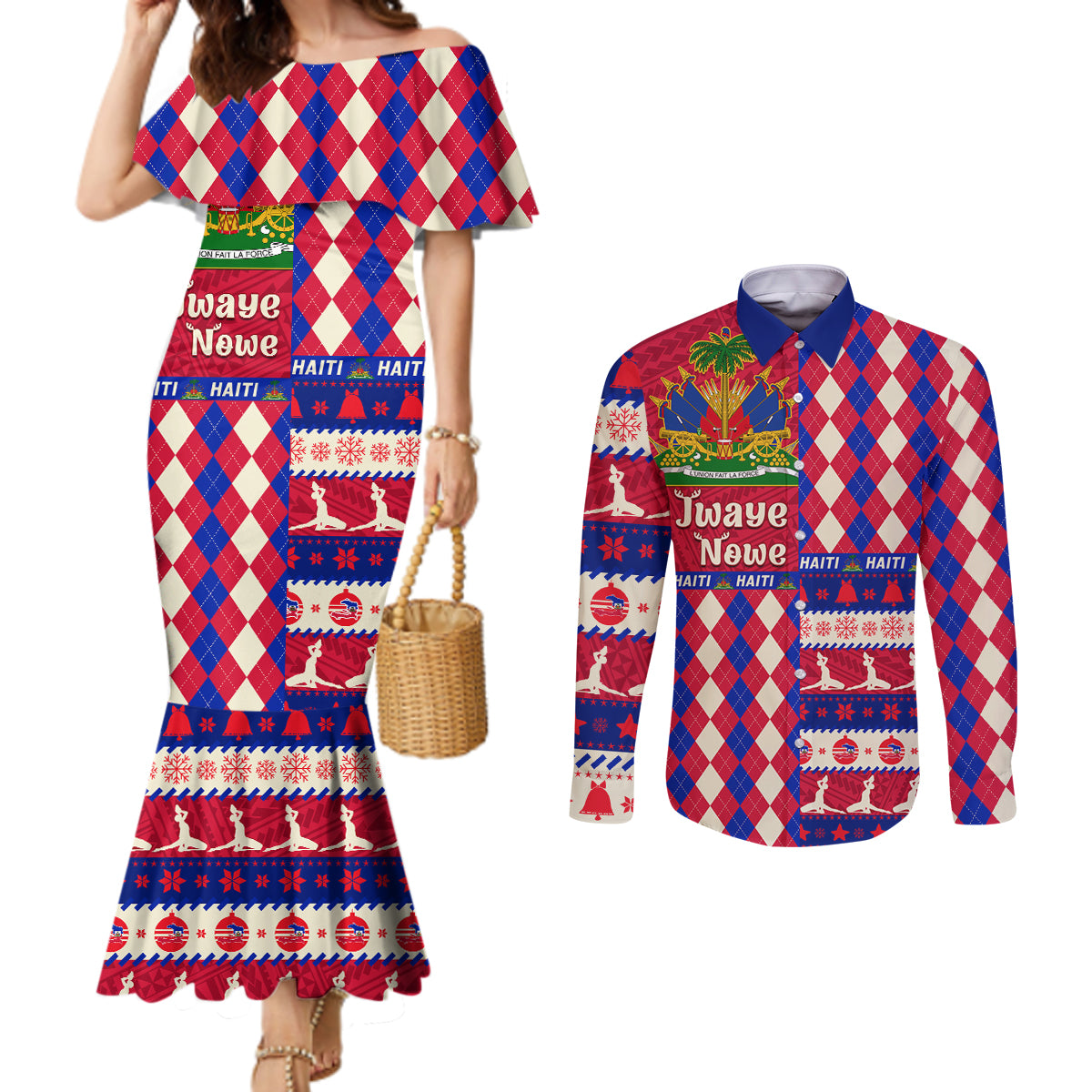 haiti-christmas-couples-matching-mermaid-dress-and-long-sleeve-button-shirt-jwaye-nowe-2023-with-coat-of-arms