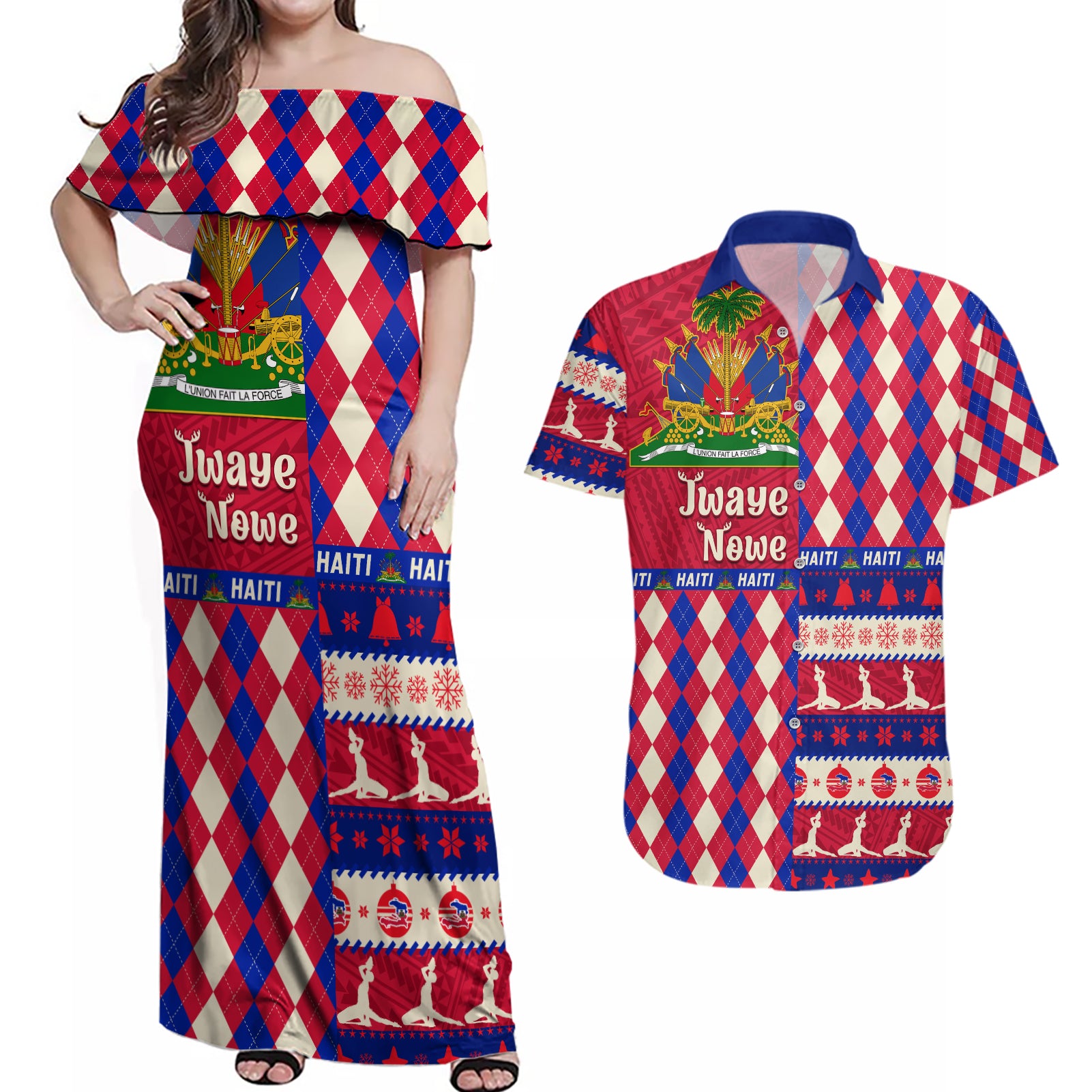 haiti-christmas-couples-matching-off-shoulder-maxi-dress-and-hawaiian-shirt-jwaye-nowe-2023-with-coat-of-arms