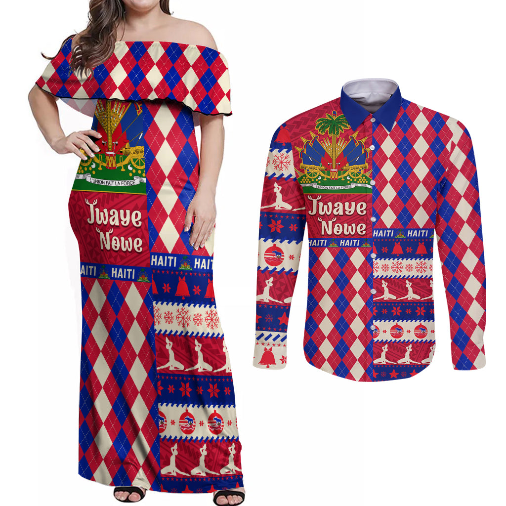 haiti-christmas-couples-matching-off-shoulder-maxi-dress-and-long-sleeve-button-shirt-jwaye-nowe-2023-with-coat-of-arms