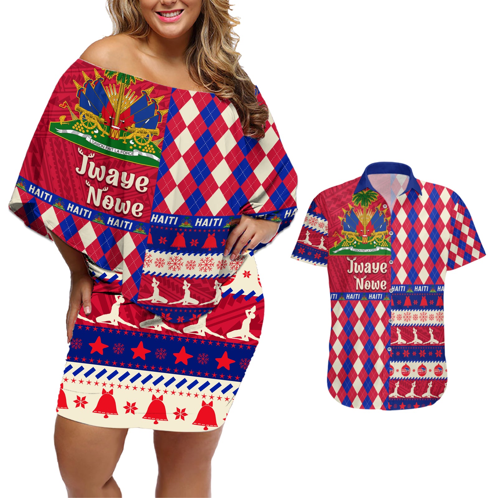 haiti-christmas-couples-matching-off-shoulder-short-dress-and-hawaiian-shirt-jwaye-nowe-2023-with-coat-of-arms