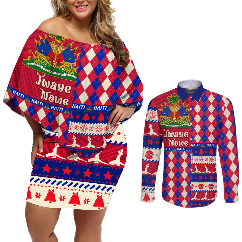 Haiti Christmas Couples Matching Off Shoulder Short Dress and Long Sleeve Button Shirt Jwaye Nowe 2023 With Coat Of Arms - Wonder Print Shop