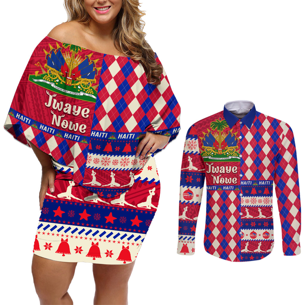 haiti-christmas-couples-matching-off-shoulder-short-dress-and-long-sleeve-button-shirt-jwaye-nowe-2023-with-coat-of-arms