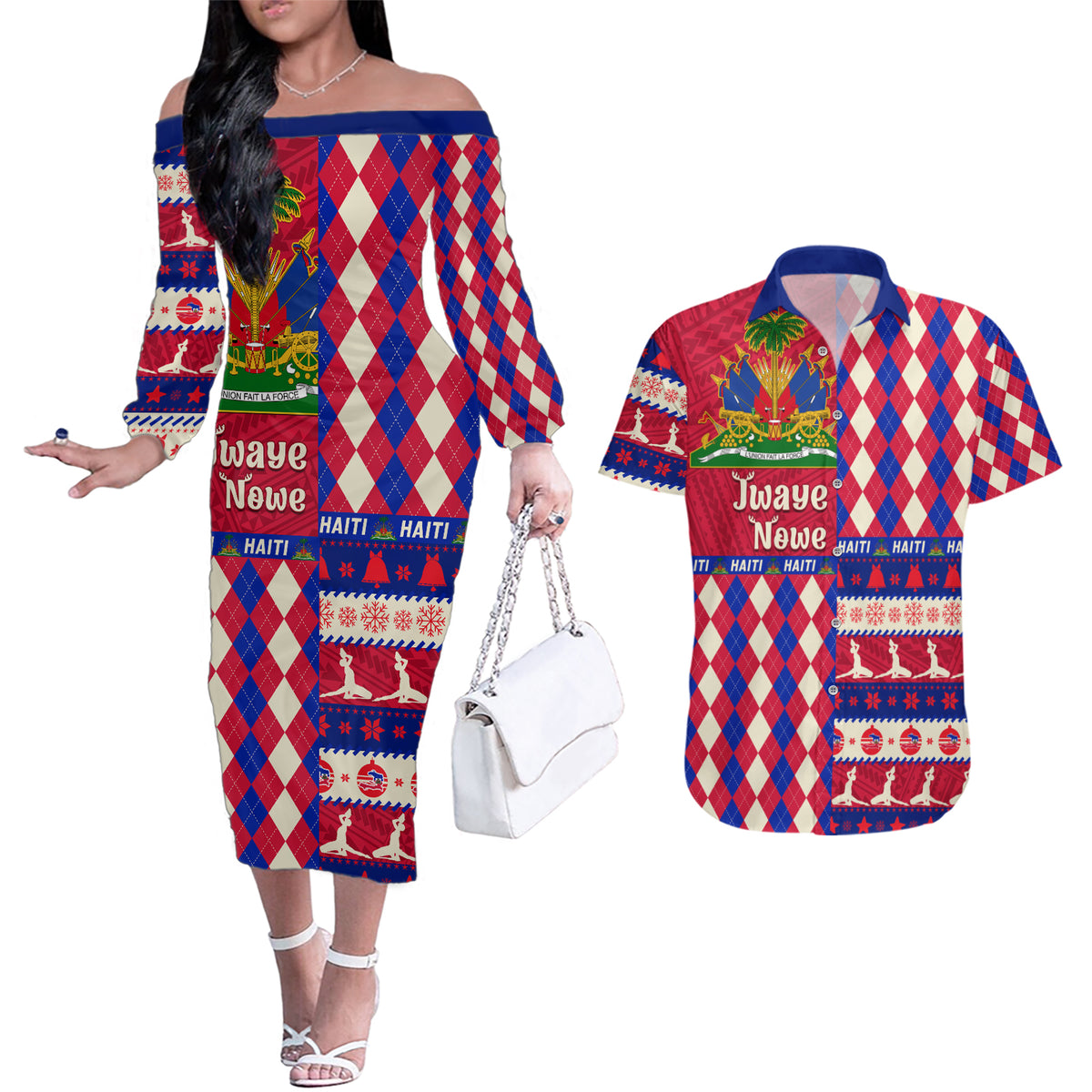 Haiti Christmas Couples Matching Off The Shoulder Long Sleeve Dress and Hawaiian Shirt Jwaye Nowe 2023 With Coat Of Arms - Wonder Print Shop