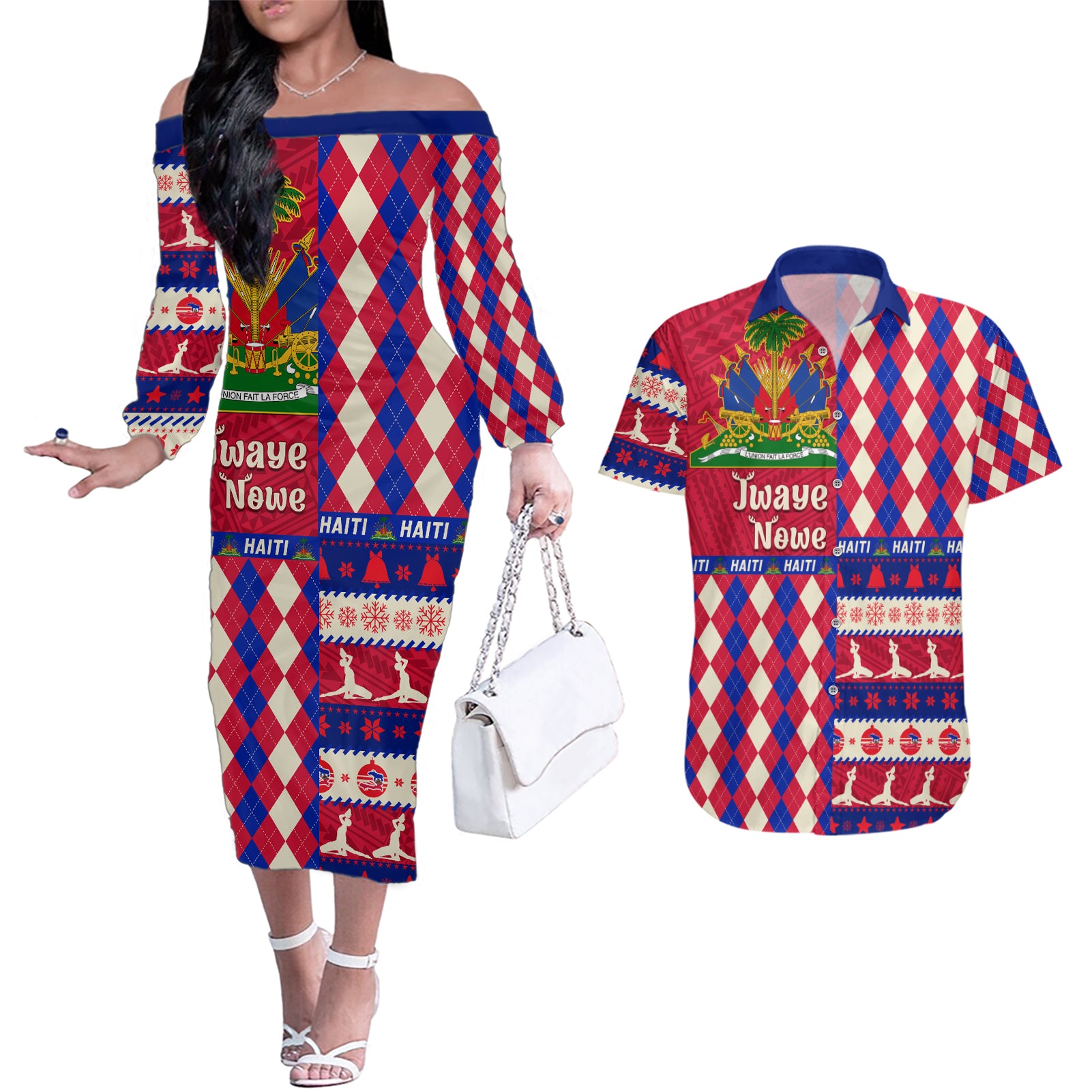 haiti-christmas-couples-matching-off-the-shoulder-long-sleeve-dress-and-hawaiian-shirt-jwaye-nowe-2023-with-coat-of-arms