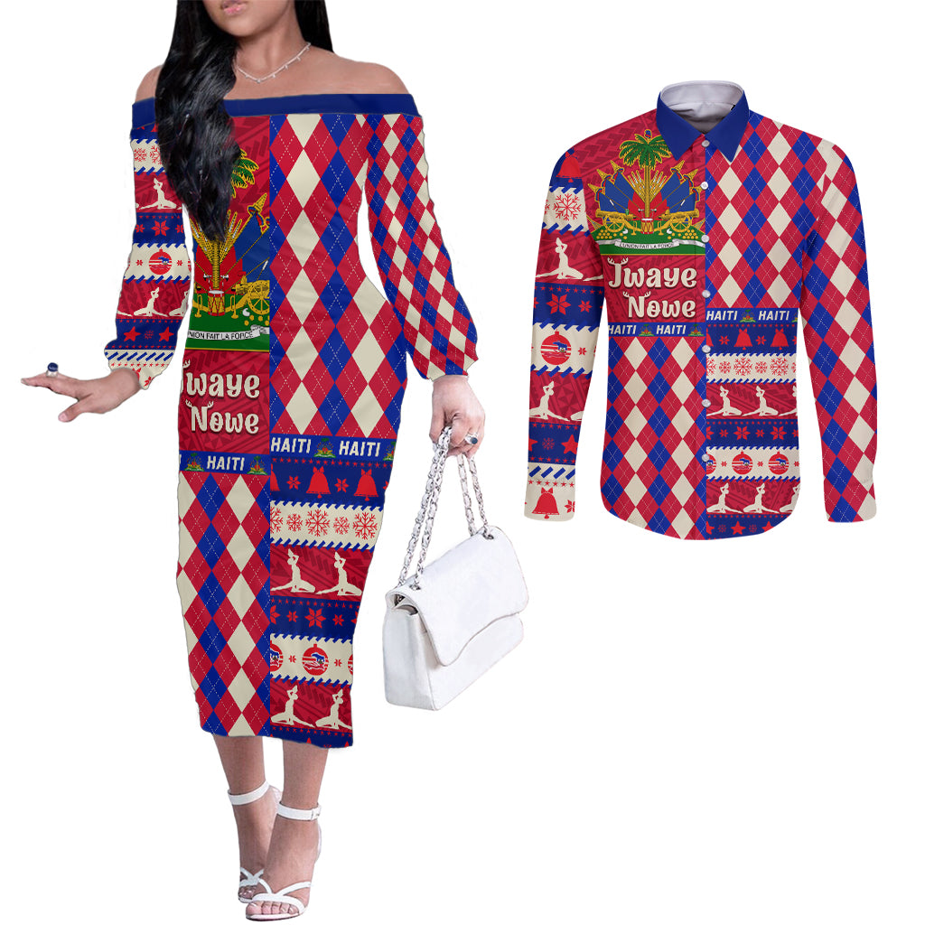 haiti-christmas-couples-matching-off-the-shoulder-long-sleeve-dress-and-long-sleeve-button-shirt-jwaye-nowe-2023-with-coat-of-arms