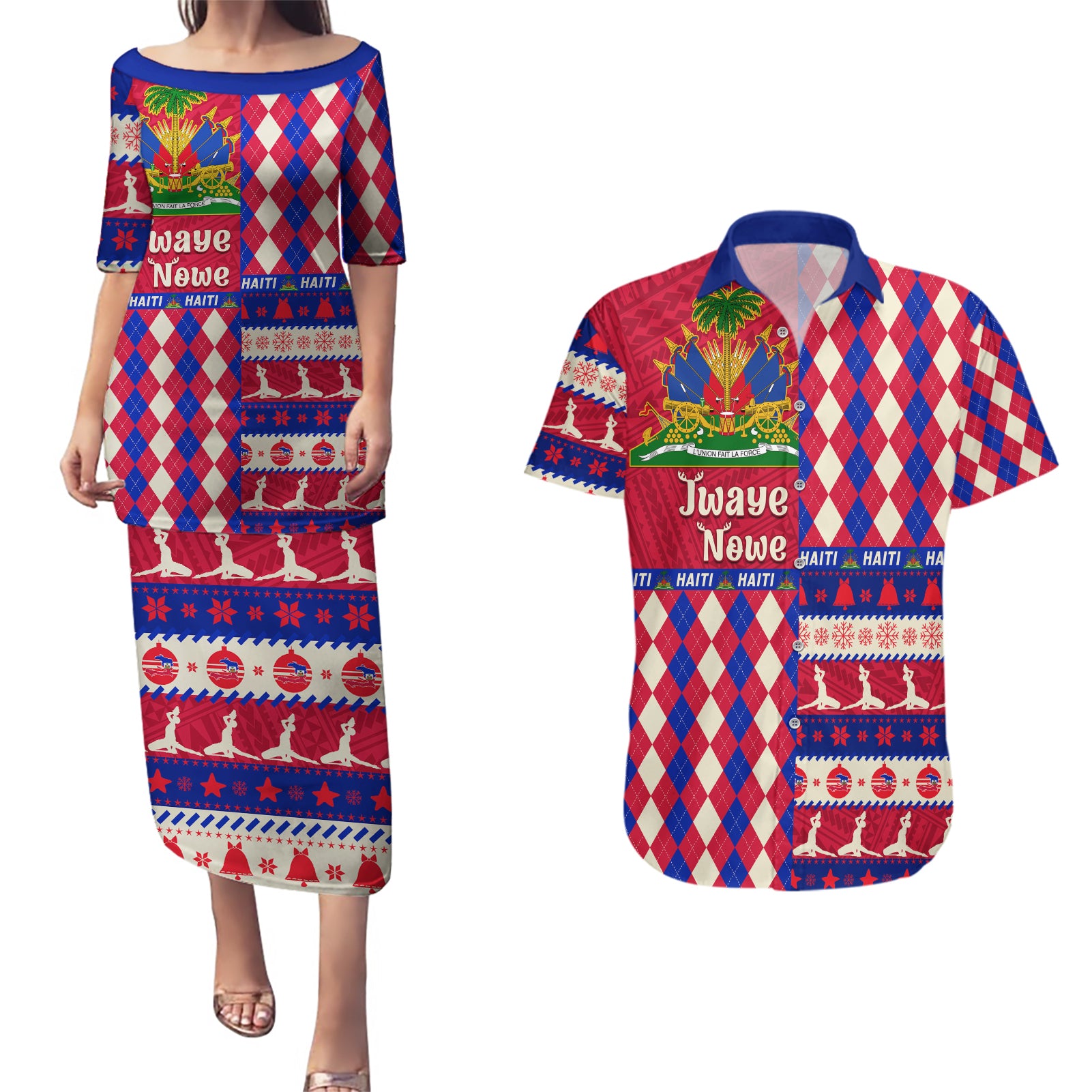 haiti-christmas-couples-matching-puletasi-dress-and-hawaiian-shirt-jwaye-nowe-2023-with-coat-of-arms