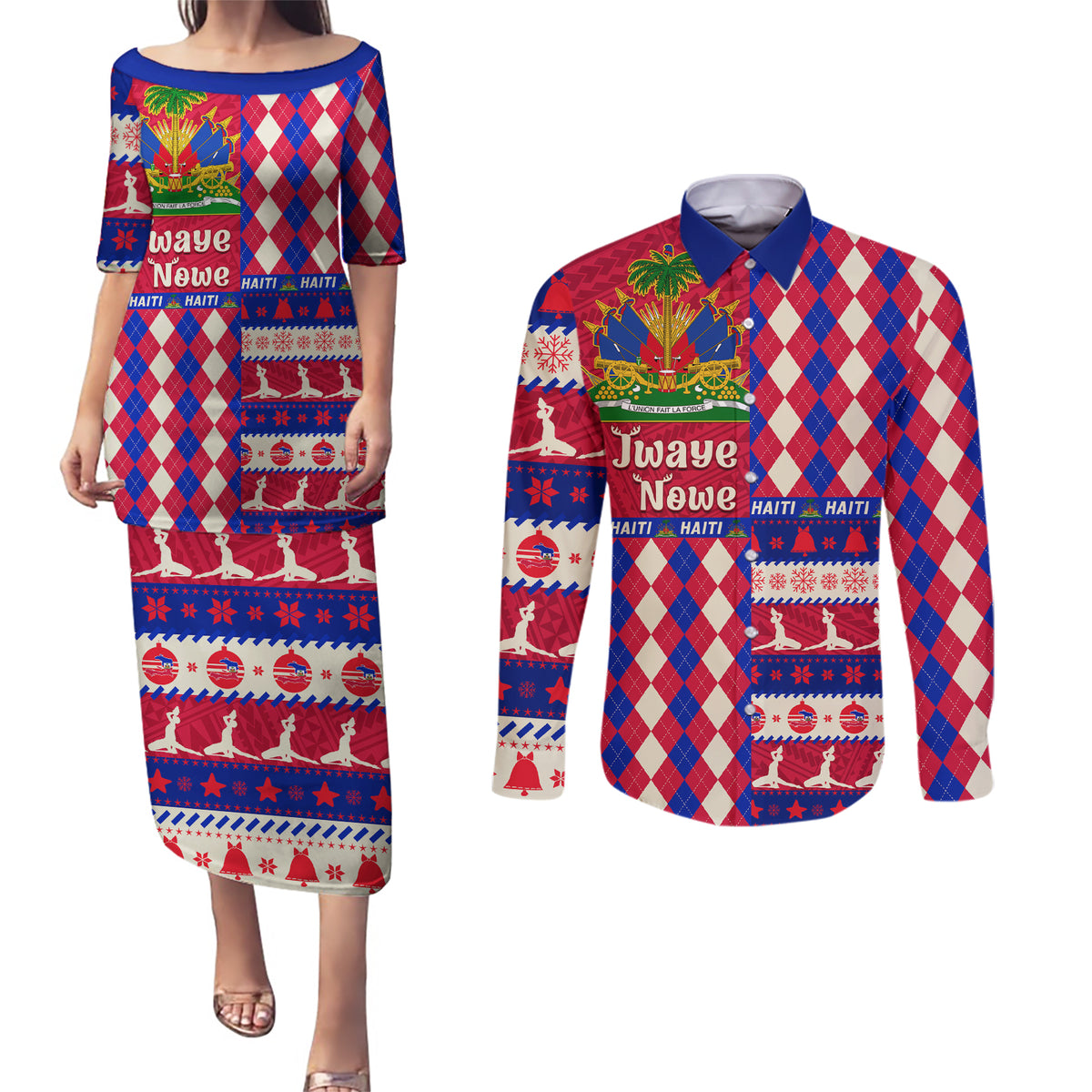 Haiti Christmas Couples Matching Puletasi Dress and Long Sleeve Button Shirt Jwaye Nowe 2023 With Coat Of Arms - Wonder Print Shop