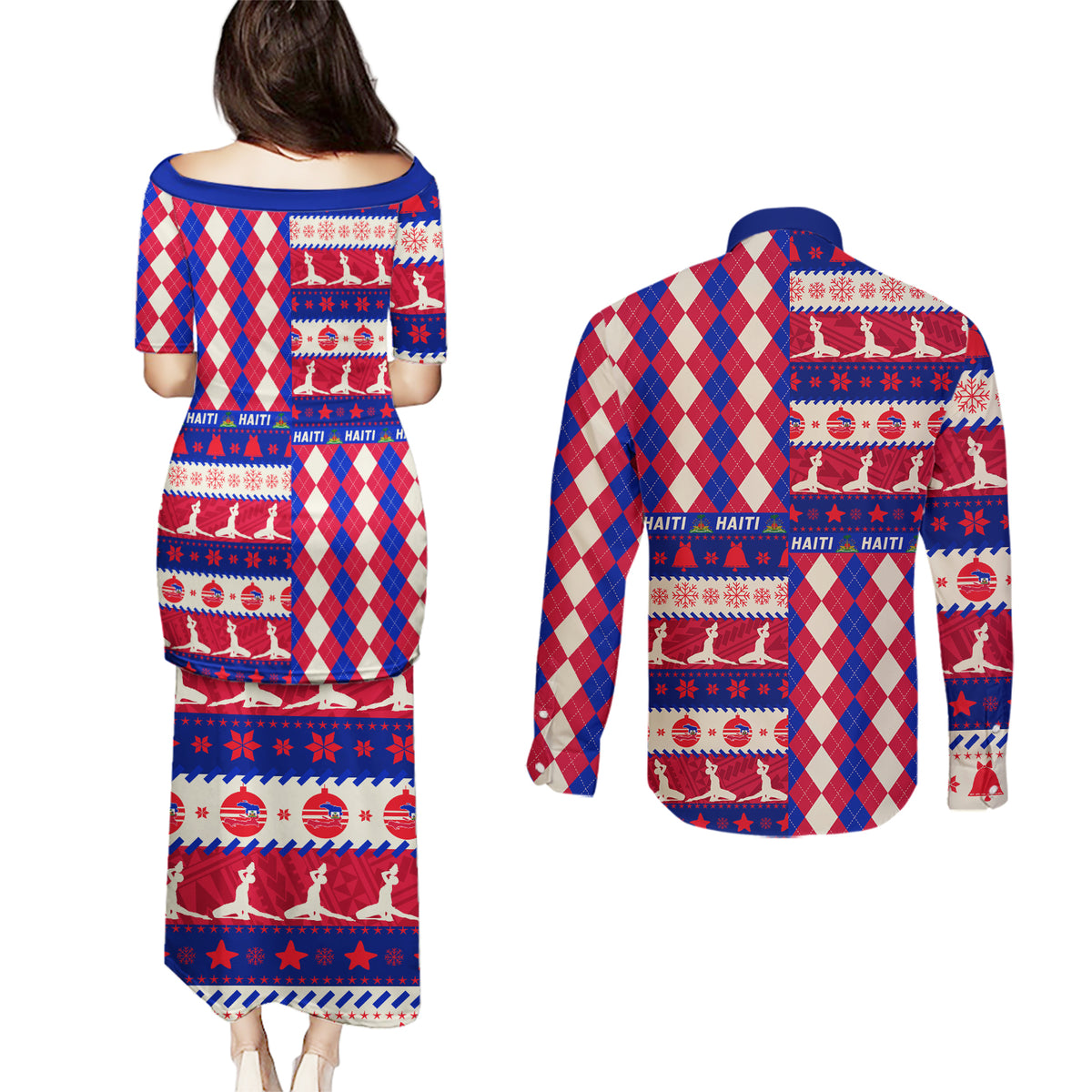 Haiti Christmas Couples Matching Puletasi Dress and Long Sleeve Button Shirt Jwaye Nowe 2023 With Coat Of Arms - Wonder Print Shop