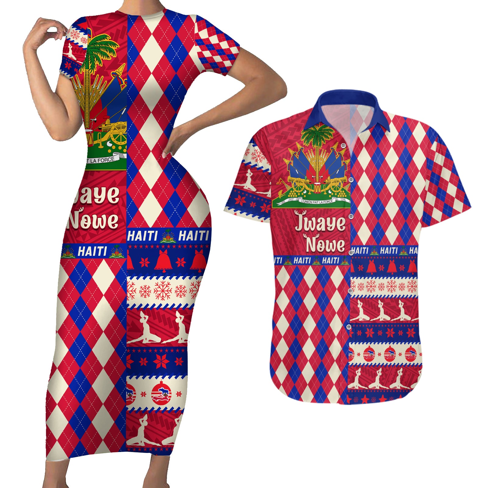 haiti-christmas-couples-matching-short-sleeve-bodycon-dress-and-hawaiian-shirt-jwaye-nowe-2023-with-coat-of-arms