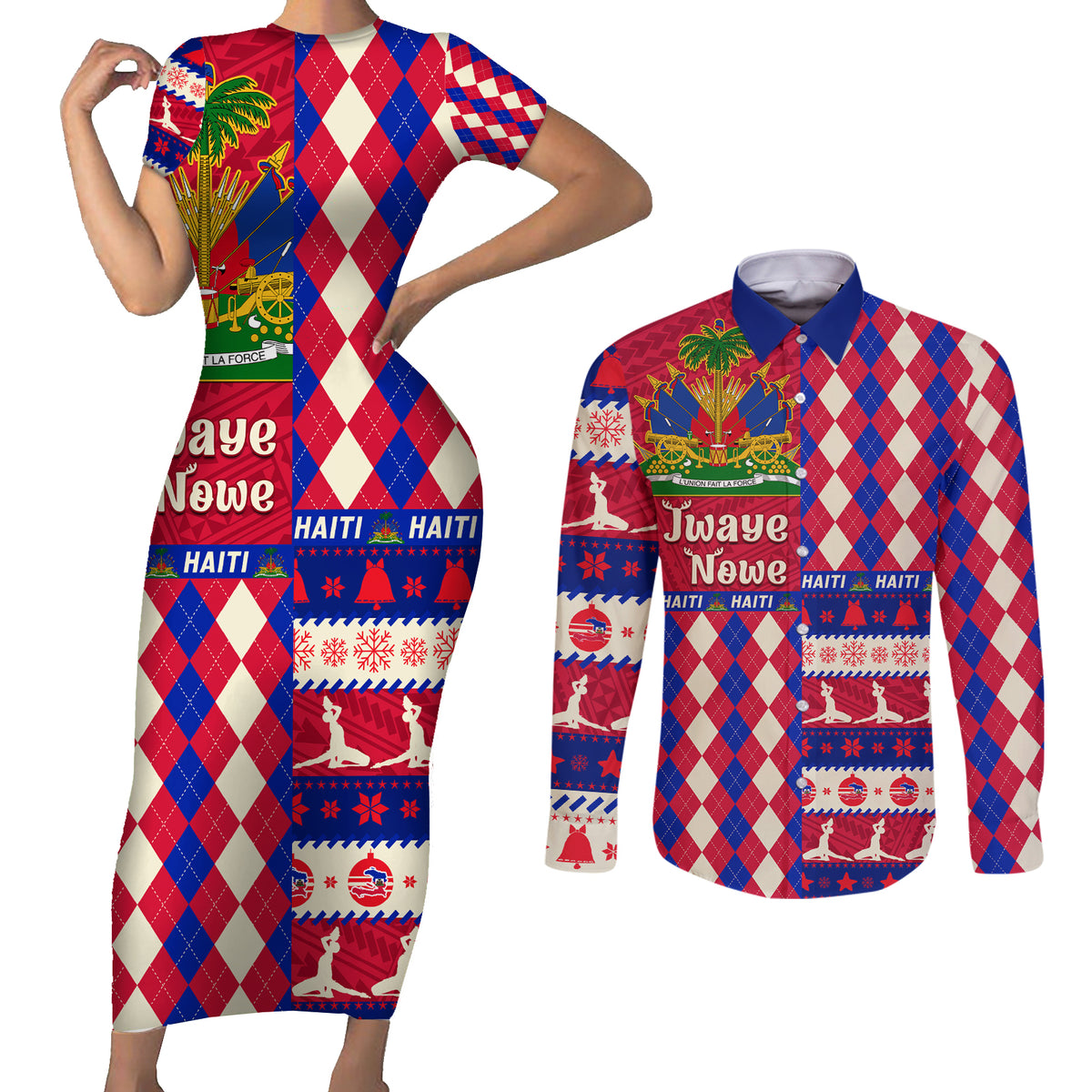 Haiti Christmas Couples Matching Short Sleeve Bodycon Dress and Long Sleeve Button Shirt Jwaye Nowe 2023 With Coat Of Arms - Wonder Print Shop
