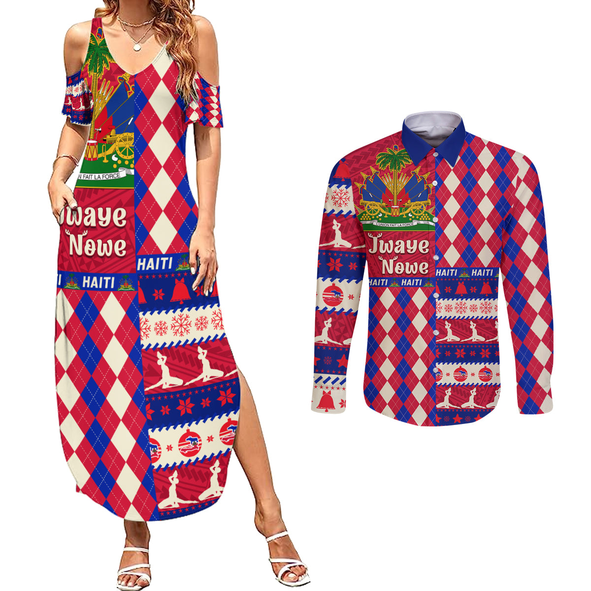 Haiti Christmas Couples Matching Summer Maxi Dress and Long Sleeve Button Shirt Jwaye Nowe 2023 With Coat Of Arms - Wonder Print Shop