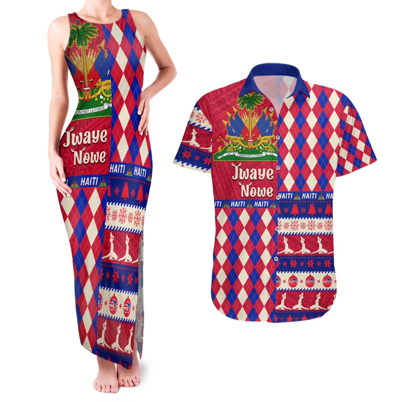 haiti-christmas-couples-matching-tank-maxi-dress-and-hawaiian-shirt-jwaye-nowe-2023-with-coat-of-arms