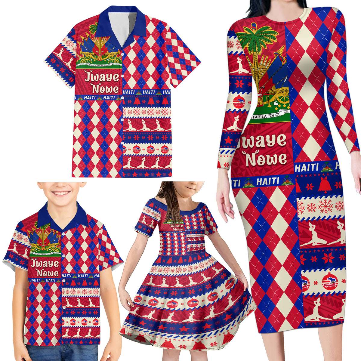 haiti-christmas-family-matching-long-sleeve-bodycon-dress-and-hawaiian-shirt-jwaye-nowe-2023-with-coat-of-arms