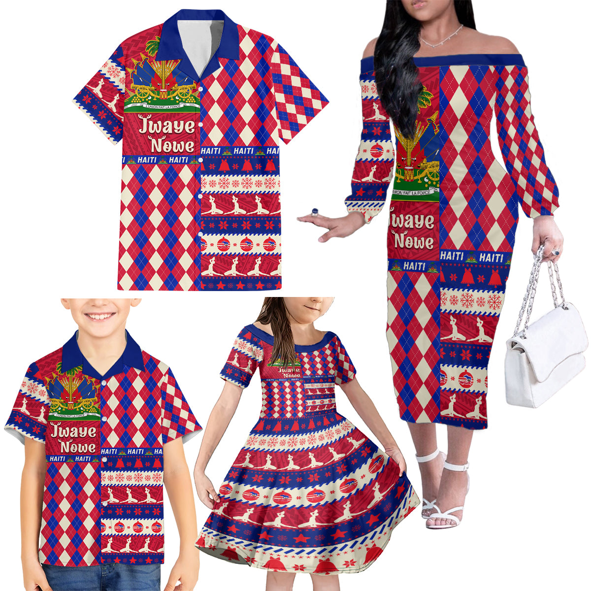 haiti-christmas-family-matching-off-shoulder-long-sleeve-dress-and-hawaiian-shirt-jwaye-nowe-2023-with-coat-of-arms