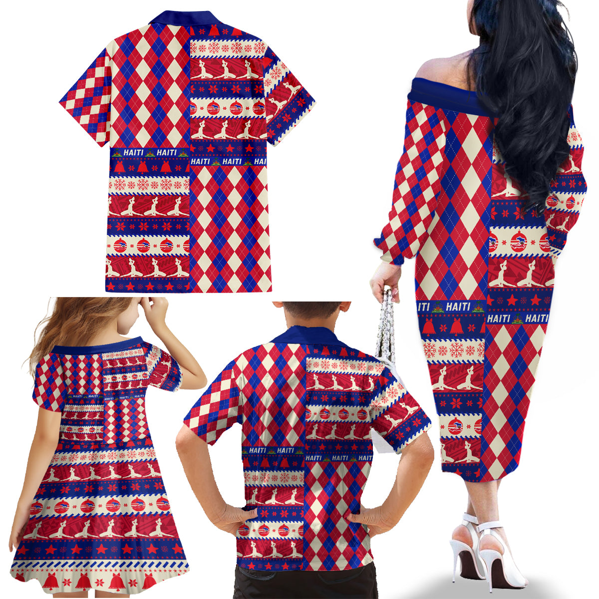Haiti Christmas Family Matching Off Shoulder Long Sleeve Dress and Hawaiian Shirt Jwaye Nowe 2023 With Coat Of Arms - Wonder Print Shop