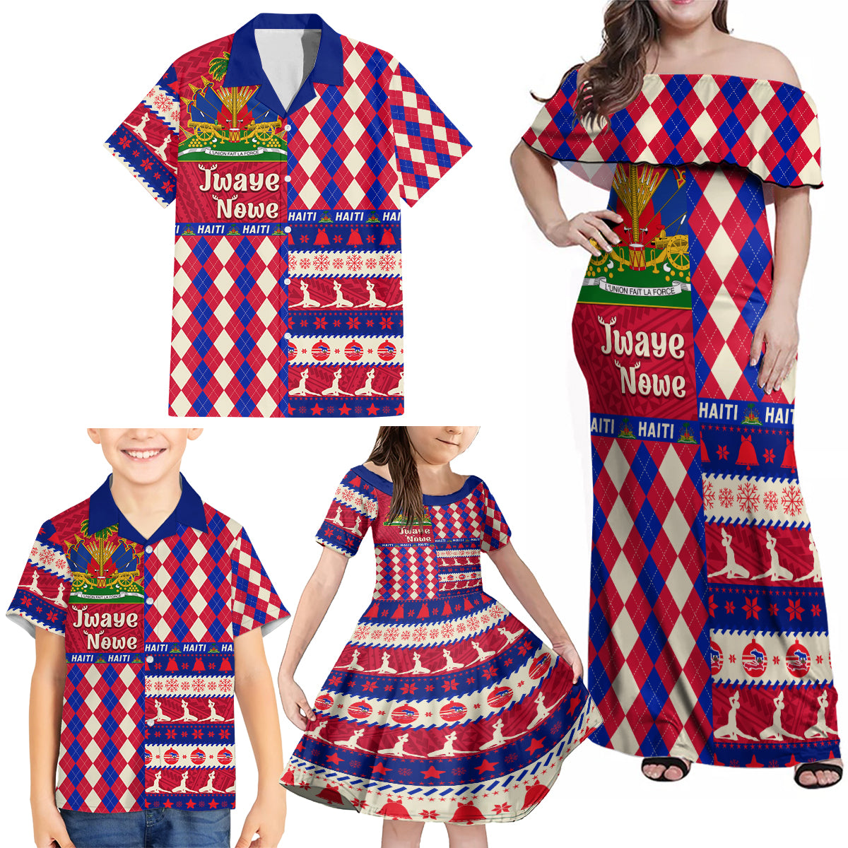 haiti-christmas-family-matching-off-shoulder-maxi-dress-and-hawaiian-shirt-jwaye-nowe-2023-with-coat-of-arms